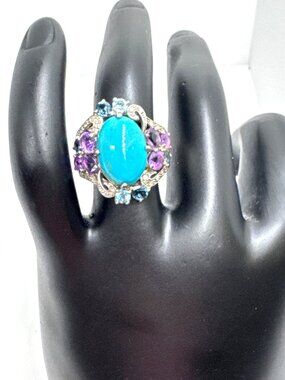 925 Sterling Silver Turquoise Blue Cabochon Purple Blue Stone Ring Sz 6 Cocktail